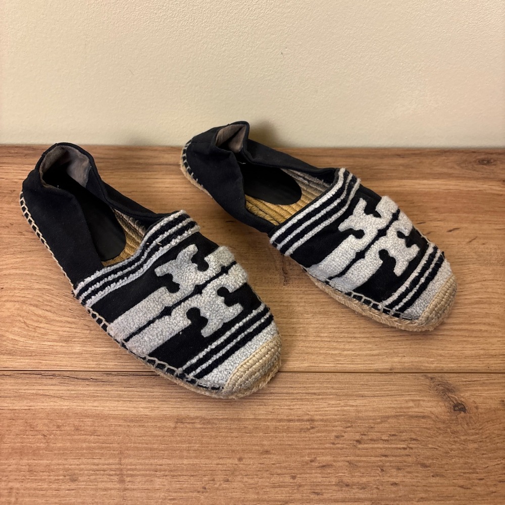 TORY BURCH Womens Double T Espadrille Flats Size 8.5 Black‎ White Stripe Casual - Picture 2 of 11